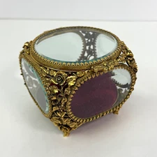 Vintage Matson Ormolu Filigree Rose Gold Tone Jewelery Box Casket Beveled Glass