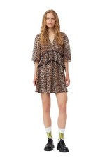 BNWT GANNI Leopard Pleated Georgette V-neck Flounce Mini Dress, Size 36