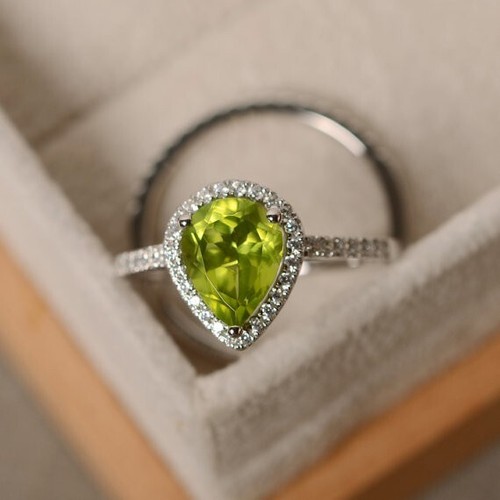 2.35 Ct Pear Cut Natural Peridot & Diamond Wedding Ring 14K White Gold Size 5 6 - Picture 3 of 6