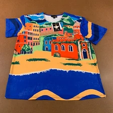 Antthony Originals Womens Large Colorful Printed Short Sleeve V Neck Top NWT