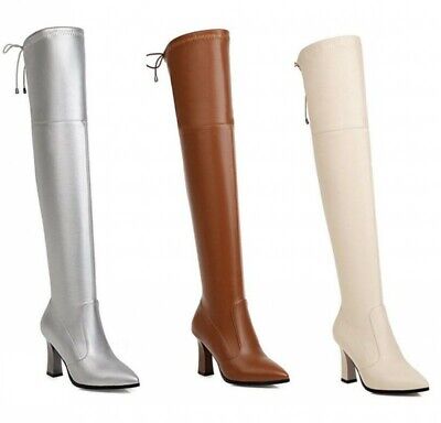 Women's Casual Long Stretch Block Heel Pointy Toe Over Knee High Thigh Boots D