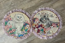 Hand Painted Kitten Cat Puffy Paint ART Framed Lace Movie PROP Granny Chic Decor