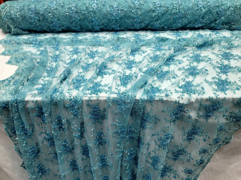 TURQUOISE Beaded Embroidery Bridal Lace Fabric Sold By The Yard Floral Flowers  - Image 2 of 4