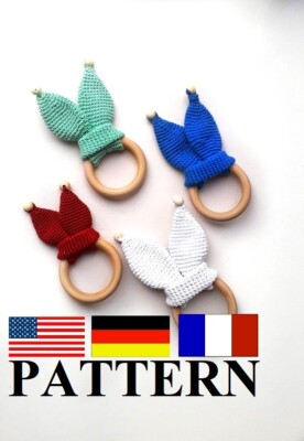 Pattern beginner crochet bunny rattle toys ears wooden teether Bunny Ears Teethe