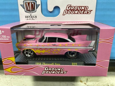 1/64 M2 GROUND POUNDERS 1958 PLYMOUTH FURY COUPE PINK WITH FLAMES