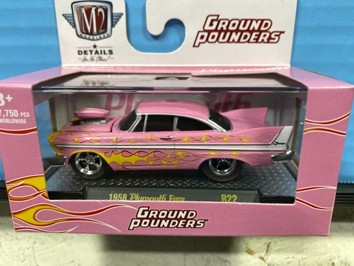 1/64 M2 GROUND POUNDERS 1958 PLYMOUTH FURY COUPE PINK WITH FLAMES - Bild 2 von 3