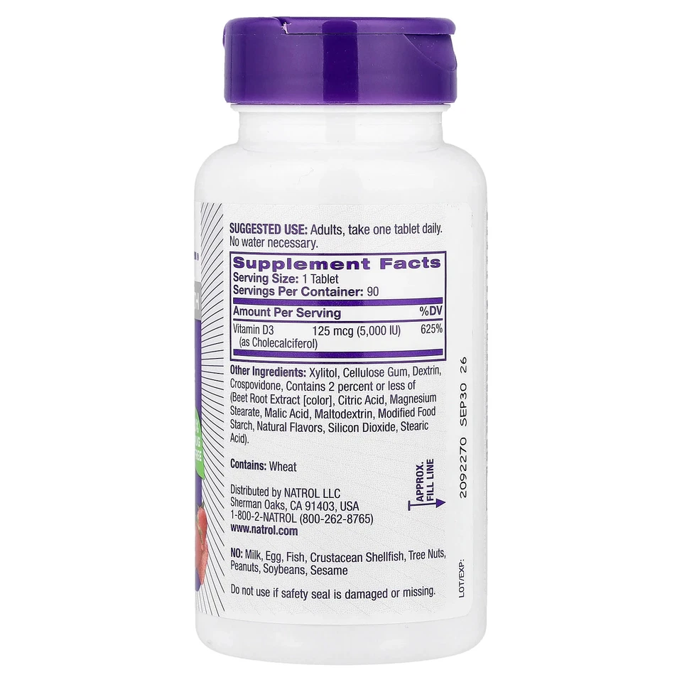 Vitamina D3, Fresa, 5.000 UI, 90 Comprimidos Foto 2 de 3