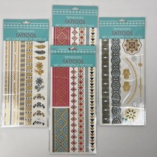 Temporary Tattoo Stickers Body Art Lot of 4 Colorful Tattoos Feather Flower Gold