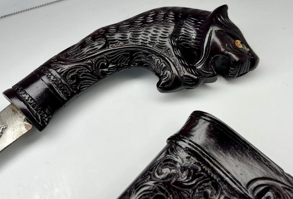 "Antigua espada daga balinesa indonesia vaina tallada en madera hoja de 12""" Foto 3 de 4