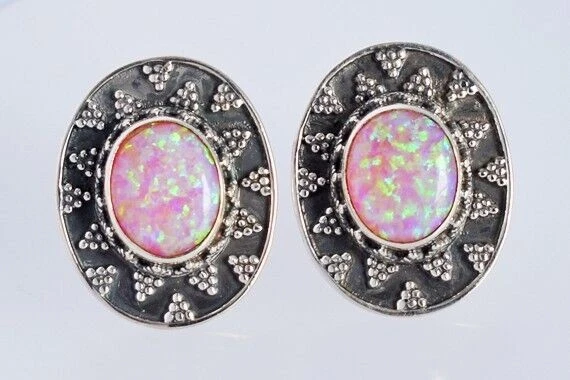 Gemelli ovali in argento sterling 925 con pietra preziosa opale di fuoco... - Immagine 3 di 4