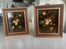 Coppia di dipinti ad olio floreali in miniatura FIRMATI