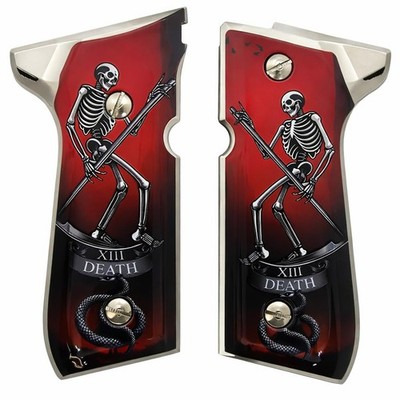 XIII Skeleton Design Metal Grip Panels   Polished Chrome Border, Red Gradient  