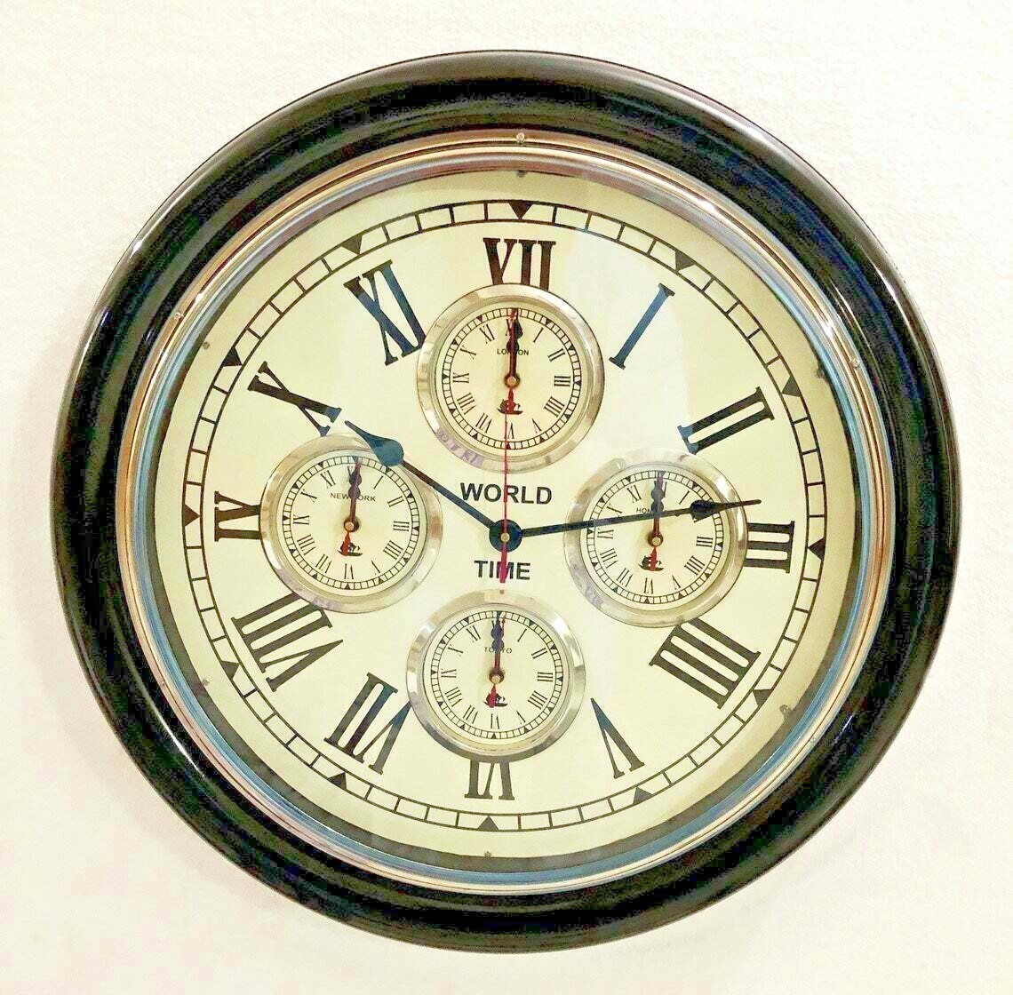 Black Wooden Clock World Time Clock Vintage Style Brass Wall Decor Nautical item