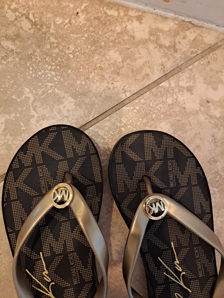Michael Kors Gold Jet Set Logo Print Flip Flops Size New No Tag
