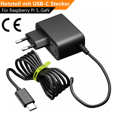 Netzteil für Raspberry Pi5 & Pi4 USB-C GaN 1,25m Rundkabel 27W 100-240V Schwarz