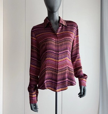 Max Mara Silk Blouse IT44 US10 Fitted Button-Up Pleated Striped Pattern Vintage