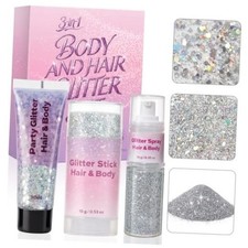 3-in-1 Body Face Hair Glitter Set, Silver Glitter Gel Glitter Stick silver