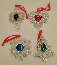 Lenox Bejeweled Silver Tone Christmas Ornaments, Lot Of 4, No Duplicates 