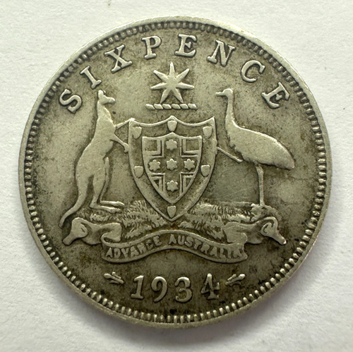 Moneta da 6 pence 1934 Giorgio V Australia, 19,3 mm, argento 0,925, ottime condizioni - Foto 1 di 2
