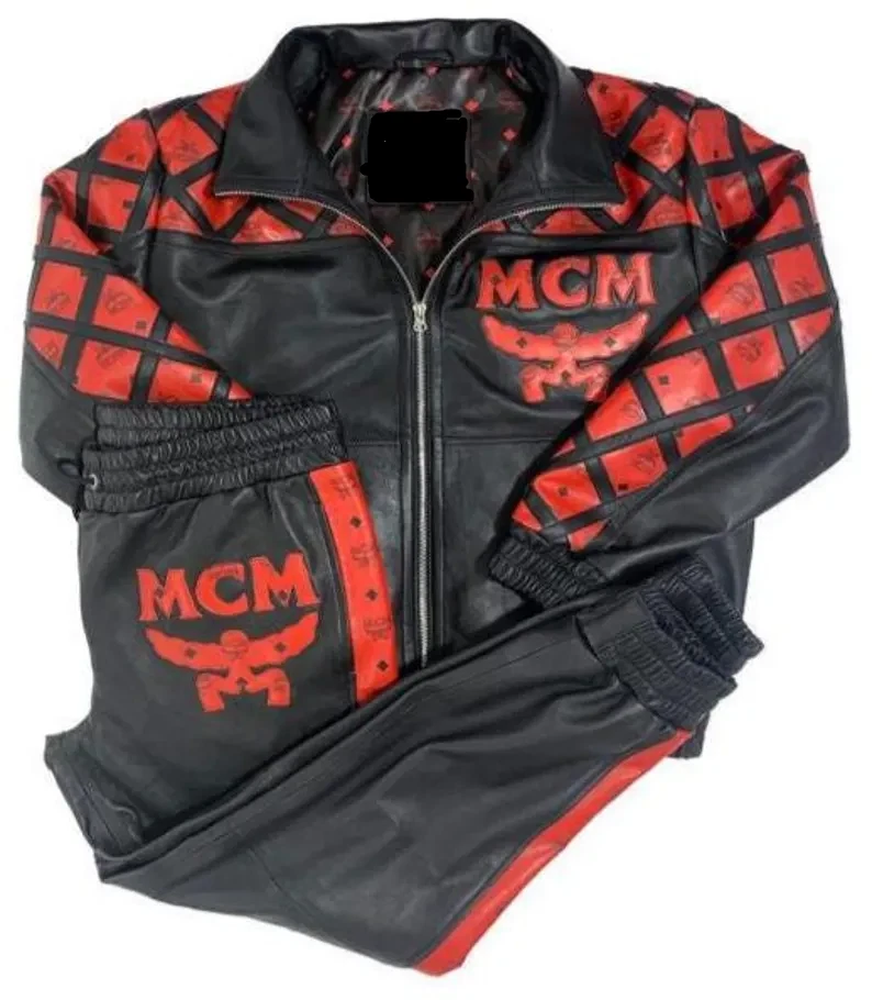 男式 MCM 风格黑色和红色皮革运动服风格标志夹克和裤子帽子豪华 — 第 2/4 张图片