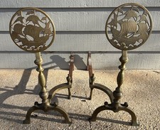Vintage Pair of Large Brass & Cast Iron Ship Medallion Andirons Used Vintage Pair of Large Brass & Cast Iron Ship Medallion Andirons Used - Image 1
