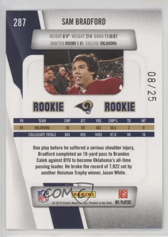 2010 Playoff Prestige Rookie Xtra Points Green /25 Sam Bradford #287 Rookie RC - Image 2 of 2