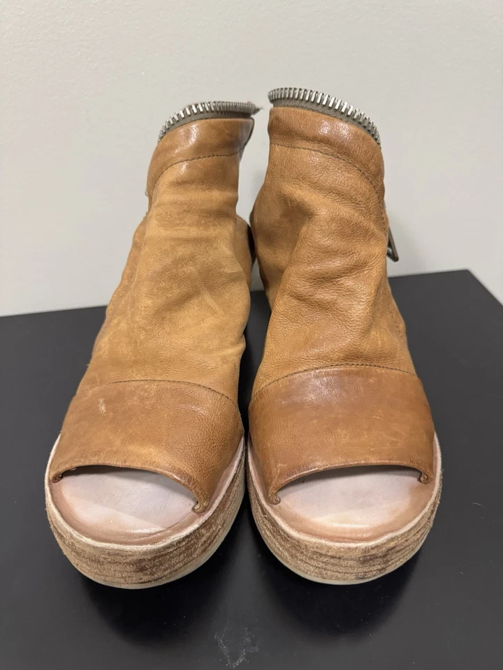 AS 98 Naylor Sandalias Cuña Talla 39 8.5-9 Marrón Tostado Cuero Peep Top Detalle Cremallera Foto 2 de 4