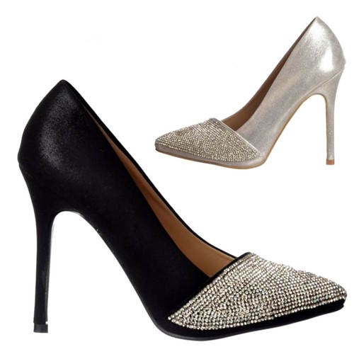 Women's Diamante Encrusted Pointed Toe Mid Heel Party Shoes Black