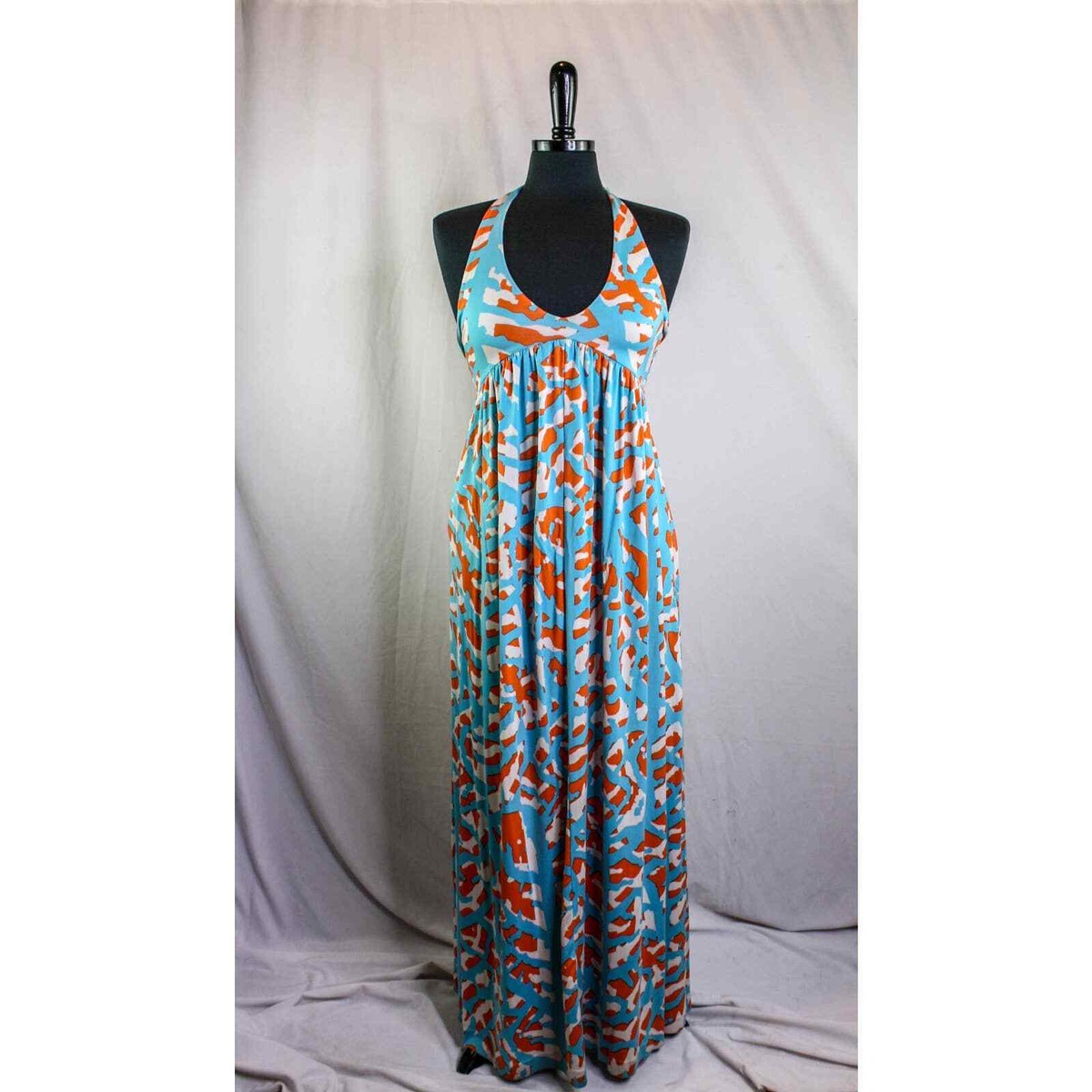 Diane Von Furstenberg Maxi Dress Halter Neckline Silk Nylon Blue Orange  White
