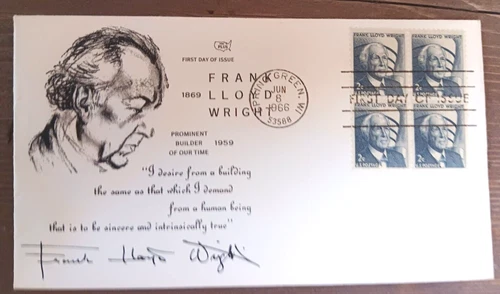ARCHITECT FRANK LLOYD WRIGHT FALLINGWATER 1966 FDC PLUS CACHET STAMP BLOCK FDC