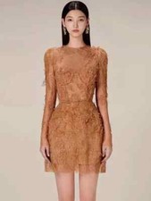 Tubino Vestito Abito Donna Elegante Manica Lunga Azzurro Beige Pizzo Raso 23977