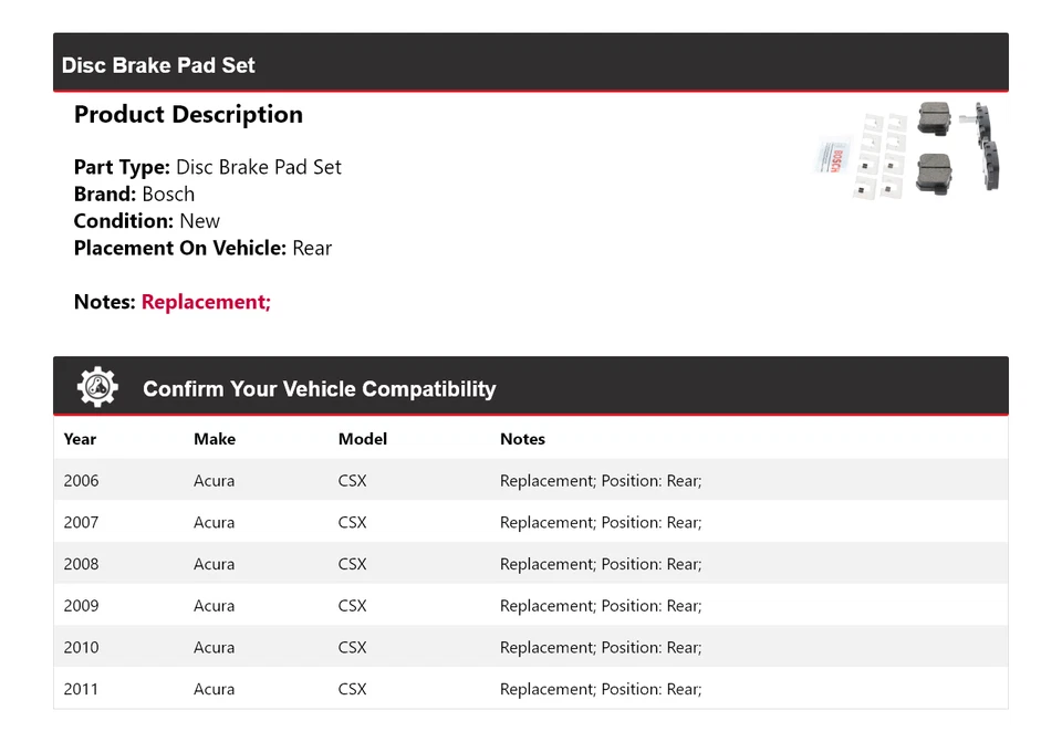Pastillas de freno traseras de cerámica QuietCast Bosch 2006-2011 Acura CSX 2007 2008 2009 Foto 2 de 4