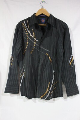 FRANKY MAX Men's Button Front Shirt LARGE Black~Embroidered~LS~Point Collar~EUC