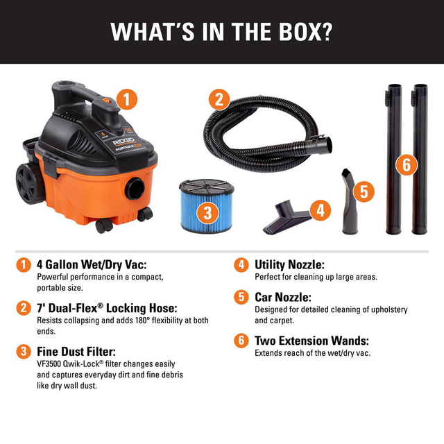 RIDGID 4Gal Portable Wet Dry Vacuum 5.0Peak HP Cleaner Shop Vac Car