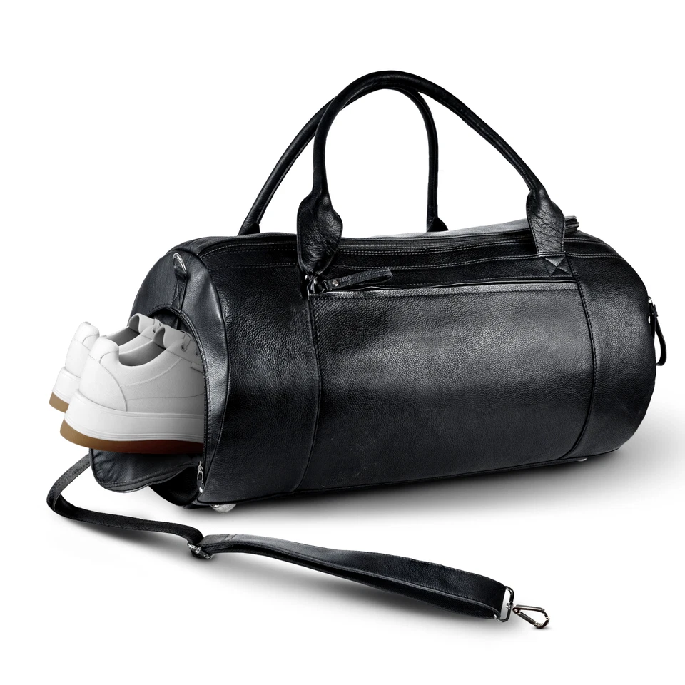 Mens Leather Travel Duffel Bag W/ Shoe Compartment Secret Air Tag Holder Gym Bag