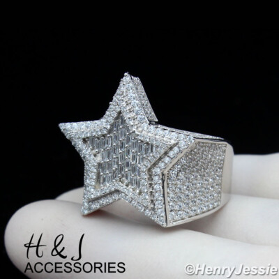 MEN 925 STERLING SILVER ICED BAGUETTE BLING CZ 3D DOUBLE STAR SHAPE RING*ASR179