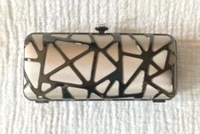 Olga Berg New Taupe Beige Tan Pewter Silver Clutch Purse Bag Shoulder Strap Rare
