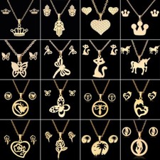 Fashion Gold Plated Stainless Steel Pendant Necklace Earrings Lady Wedding Set