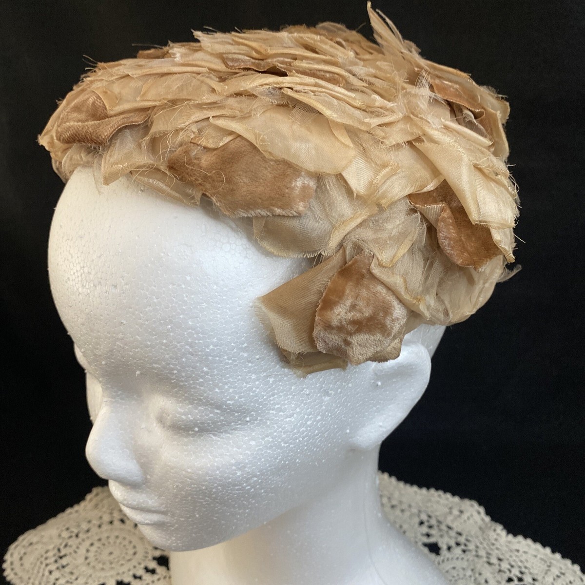 Vintage Beige/Brown Caplet Hat Layered Velvet & Organza  display picture 3