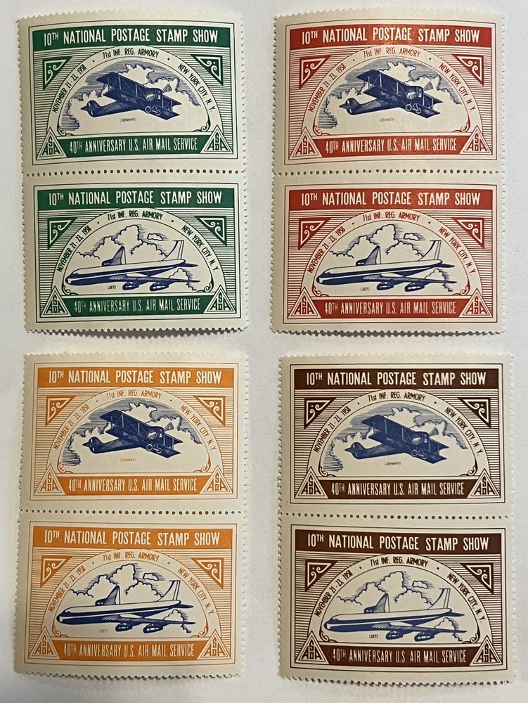 1958 US 10TH NATIONAL POSTAGE STAMP SHOW LOT OF 4 MNH OG PAIRS POSTER, 8 STAMPS