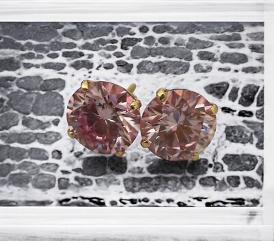 14K Yellow Gold Round Fancy Pink GRA Moissanite Screw Back Stud Earrings 1ctw