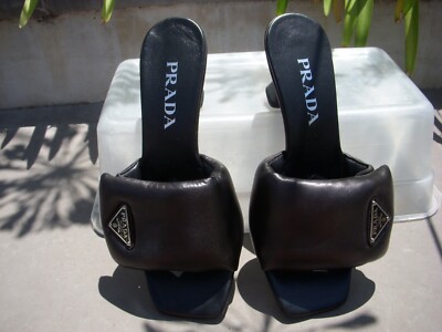 Prada Padded Nappa Soft Sandals Logo Black Wmn Ital Sz37 9 3/8