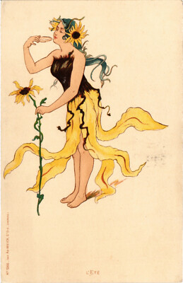 PC ARTIST SIGNED, L'ETÉ, GLAMOUR SUNFLOWER LADY, Vintage Postcard (b50859)
