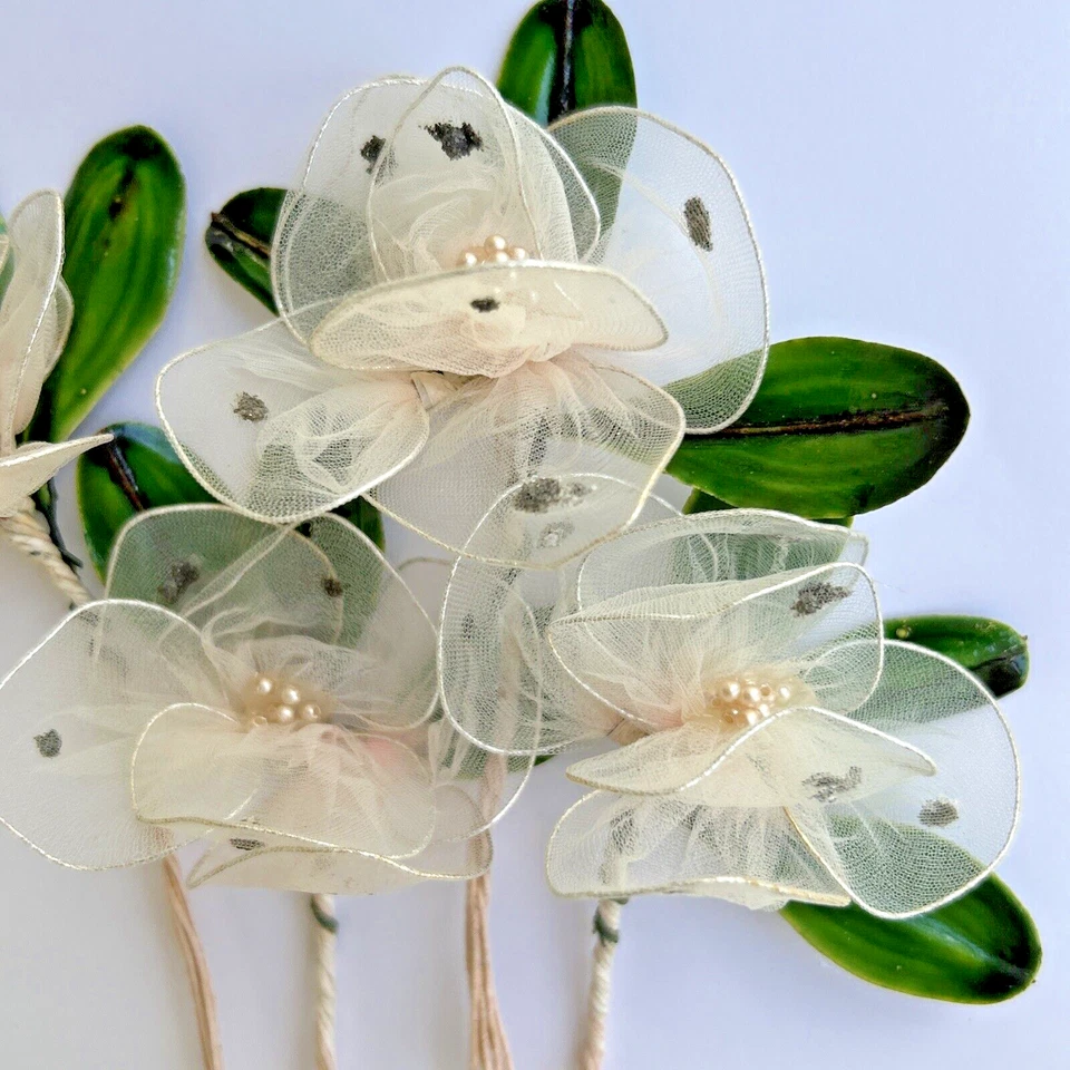 4 Antique / Vintage 1940's Chiffon Flowers Lace Fabric Dress Rose Flower Wedding - Image 3 of 4