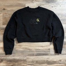 Calvin Klein Jeans Cropped Sweatshirt Women s Size Small Black CK Logo Crewneck
