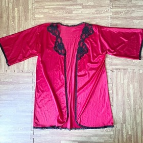 Vintage Red Black Nylon Lace Trim Lingerie Robe Made in USA Kimono Style