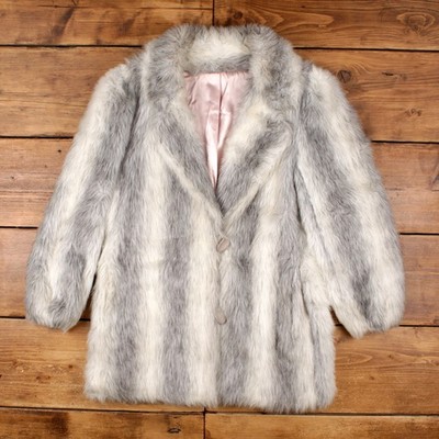 Vintage D'esprit Outdoor Jacket L 80s Fur Striped Grey Womens