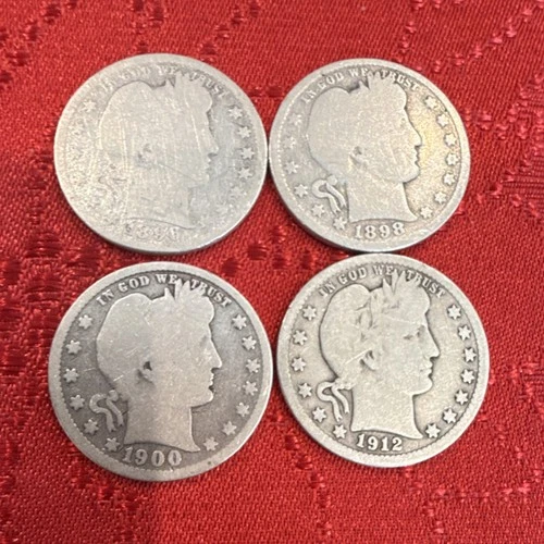 Lot of 4 Circulated US Barber Quarters Coins  1896 1898,  1900,  1912 90% Silver