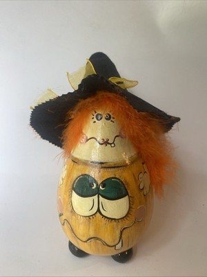 Hand Painted Gourd Halloween Pumpkin Witch 2008 Orange Hair Black Hat READ