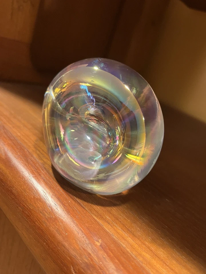 "Pisapapeles Robert Eickholt iridiscente pellizcado firmado 3"" 1992 cristal arco iris" Foto 4 de 4